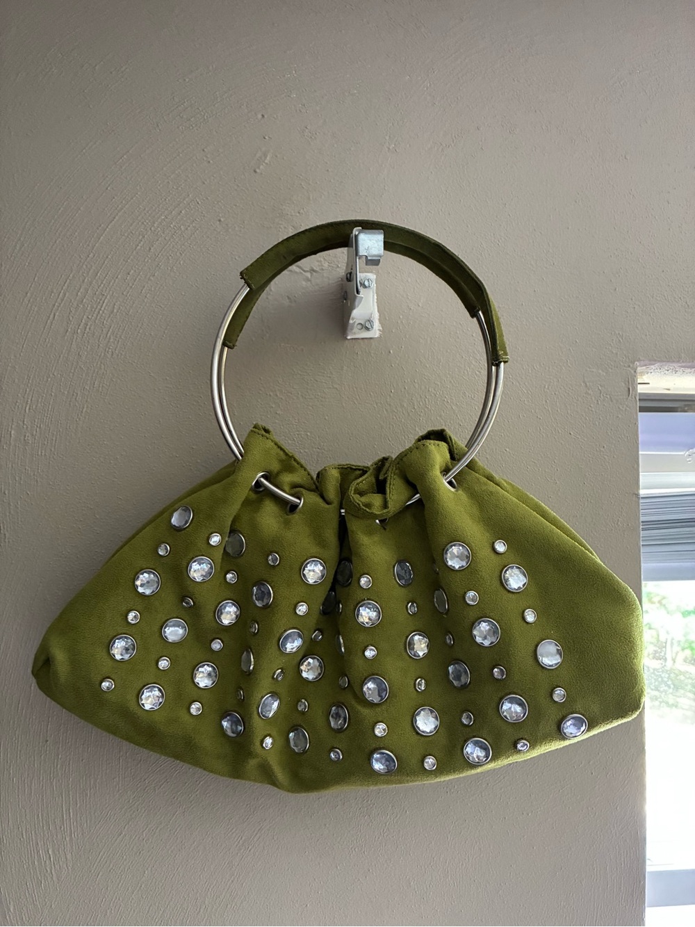 Olive Green Ring-Handle Rhinestone Tote